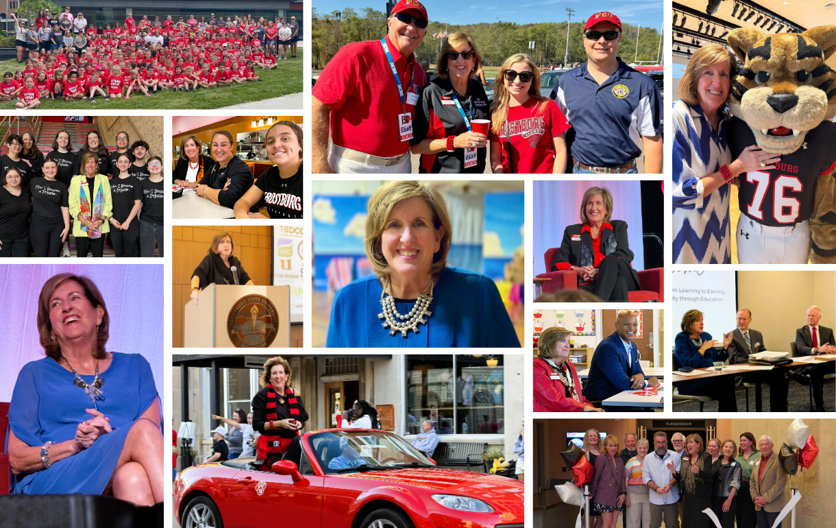 Darlene Brannigan Smith, PhD photo collage, of Frostburg campus, Main Street, students and campus presentations